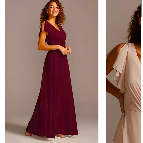 DAVIDS BRIDAL FLUTTER SLEEVE BRIDESMAID DRESS WINE SIZE 10 - Picture 1 of 10